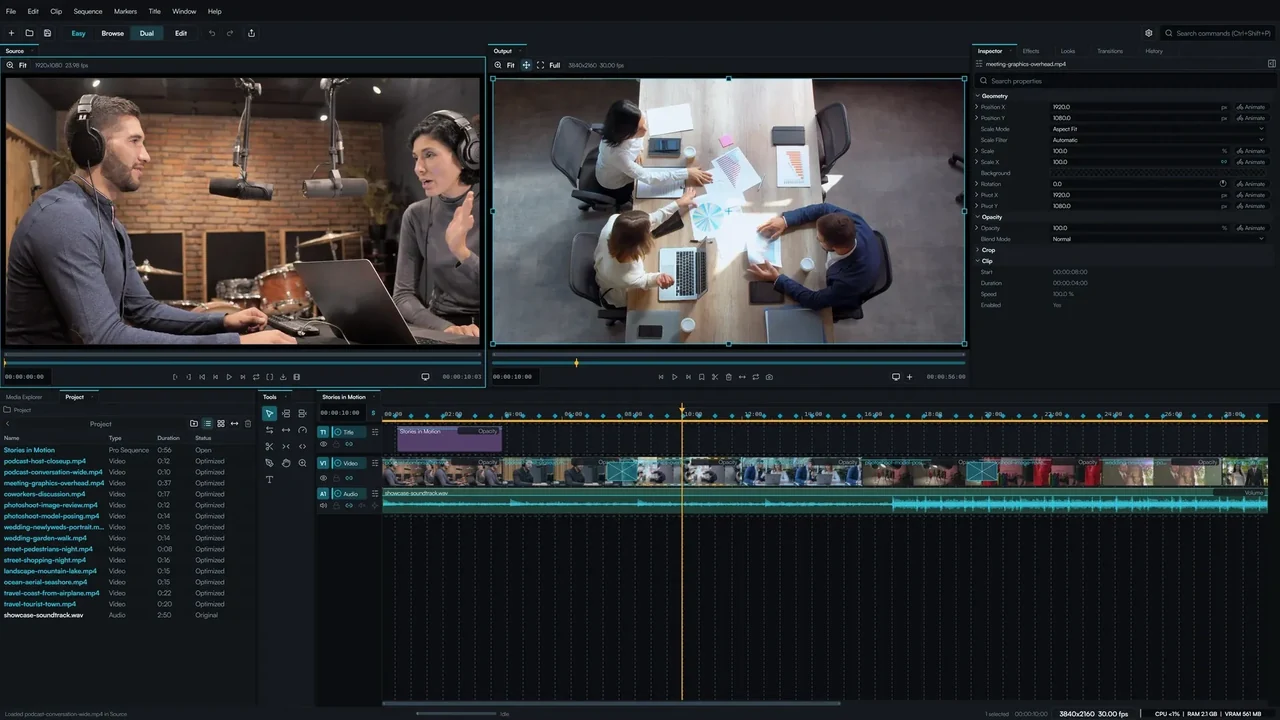 Separate source and output viewers above a multitrack timeline, with media on the left and clip properties on the right.