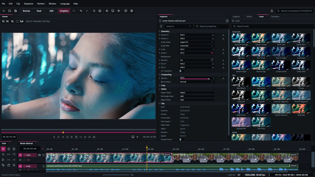 Fast Movie Editor with a portrait in the viewer, a gallery of color Looks, and a layered video and audio timeline.