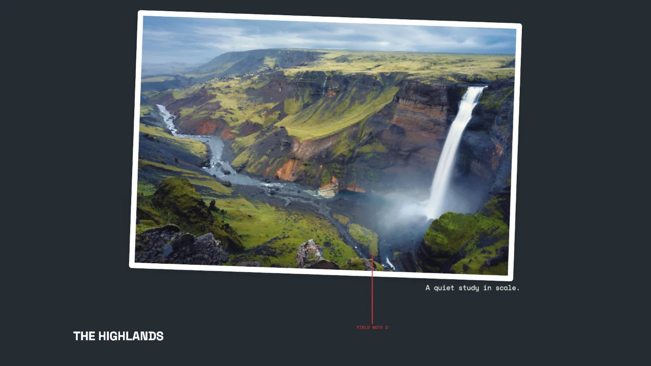 An editable photo album composition featuring an Icelandic waterfall, a white photo border, and a small caption.