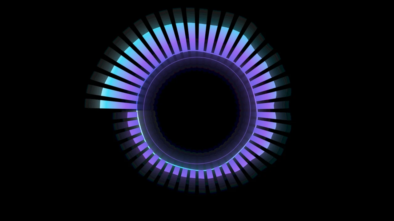 A circular music visualization with cyan and violet bars against a black background.